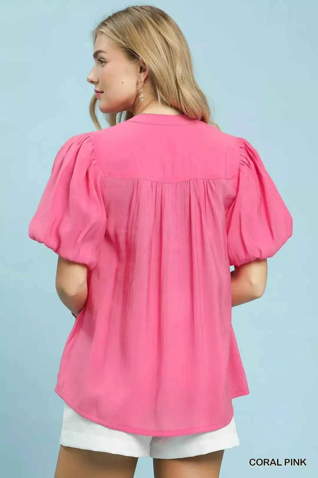 Coral Pink Button-Down Puff Sleeve Shirt by Umgee Back View