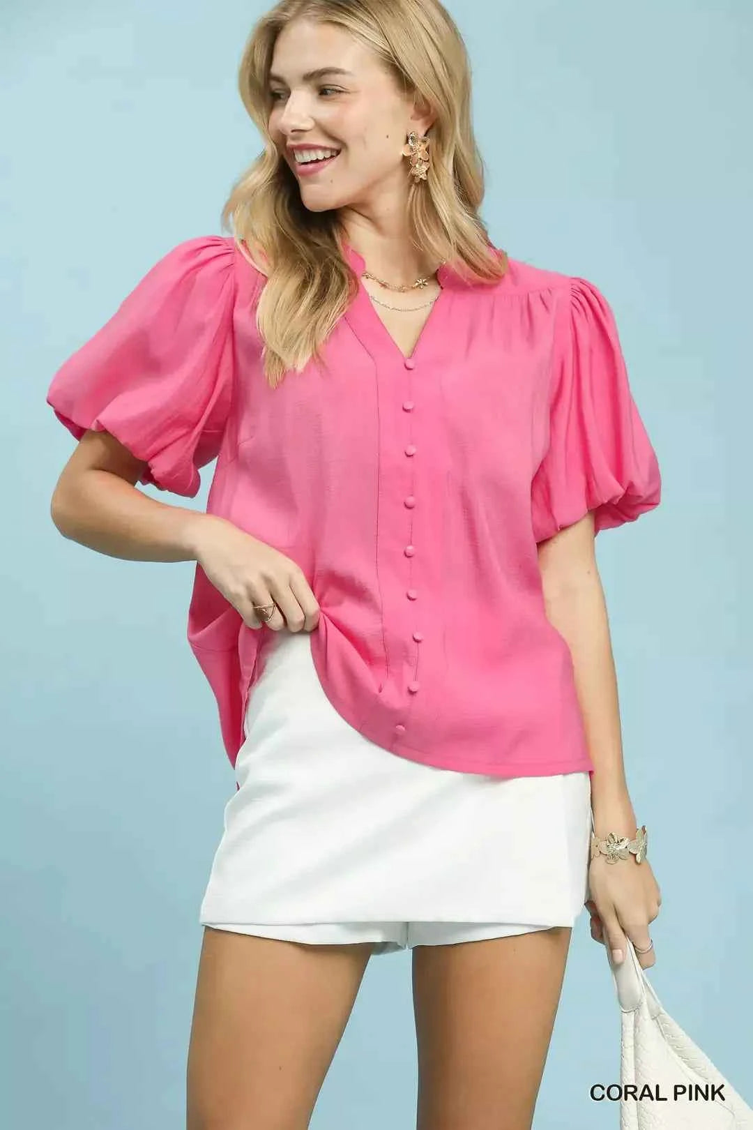 Coral Pink Button-Down Puff Sleeve Shirt by Umgee Front View 2