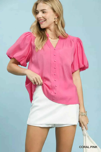 Coral Pink Button-Down Puff Sleeve Shirt by Umgee Front View 2