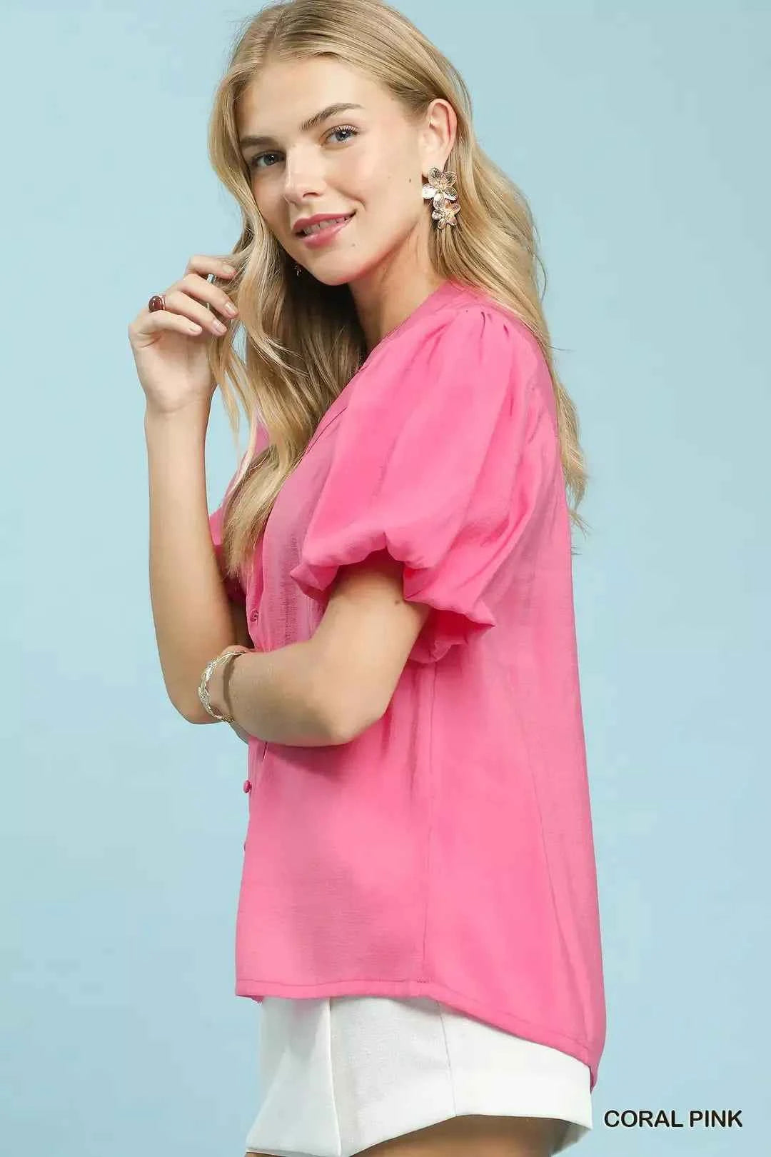 Coral Pink Button-Down Puff Sleeve Shirt by Umgee Side View