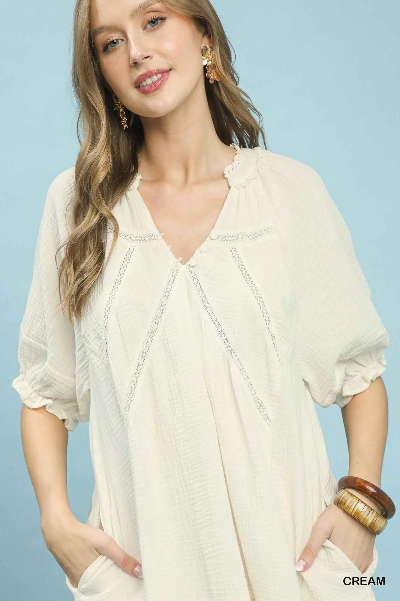 Cream Cotton Gauze Mini Dress with Pockets by Umgee