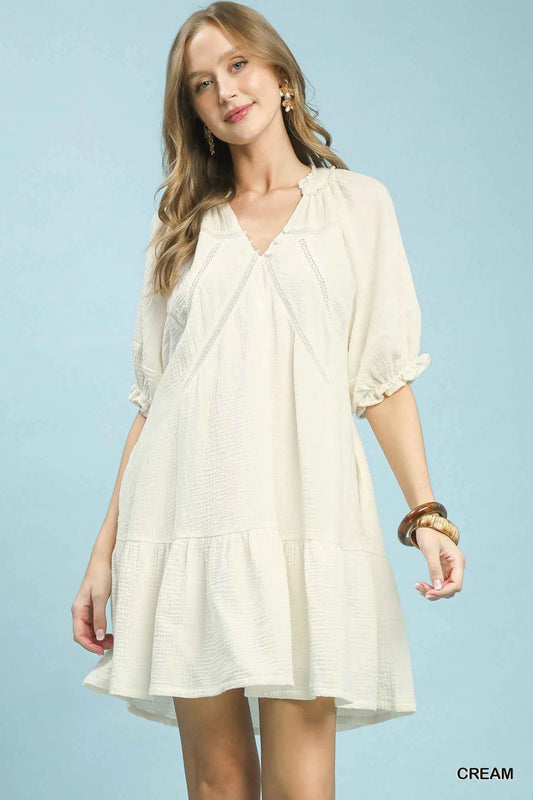 Cream Cotton Gauze Mini Dress with Pockets by Umgee