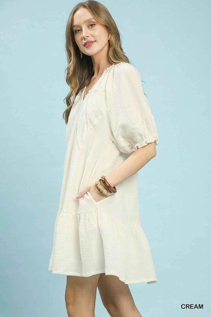 Cream Cotton Gauze Mini Dress with Pockets by Umgee