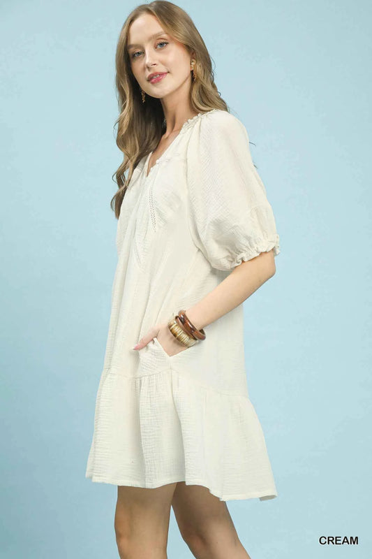 Cream Cotton Gauze Mini Dress with Pockets by Umgee