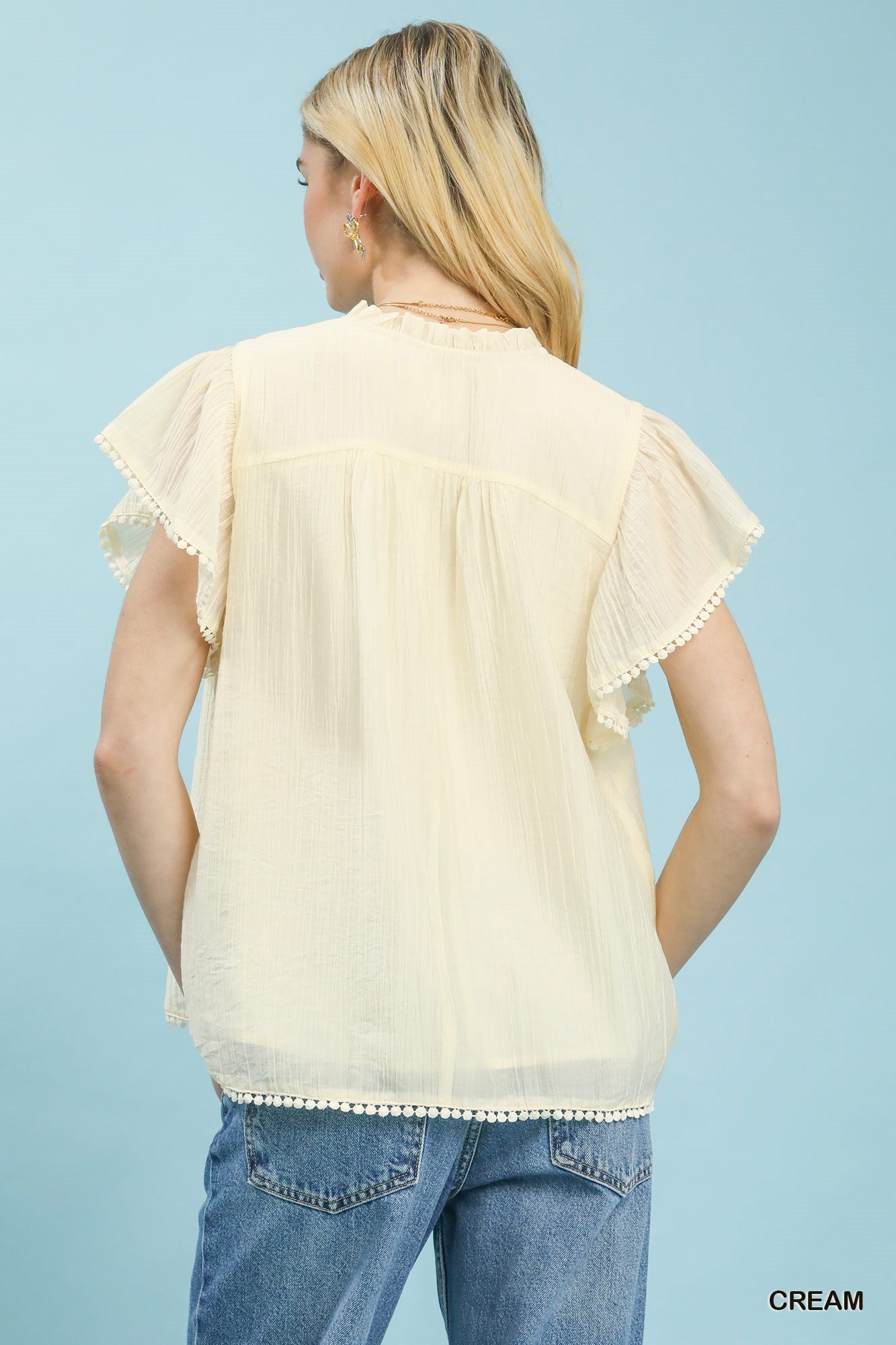 Cream Flutter Sleeve Relaxed Top with Pom-Pom Trim Detail by Umgee Back View