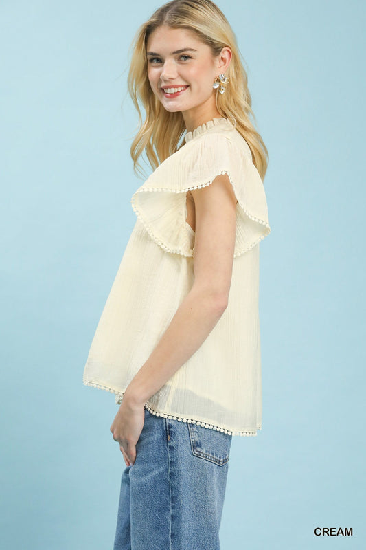 Cream Flutter Sleeve Relaxed Top with Pom-Pom Trim Detail by Umgee Side View