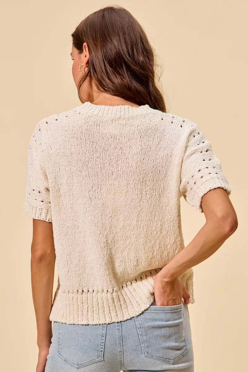 Cream Flying Duck Short Sleeve Sweater Top by SO ME Back View