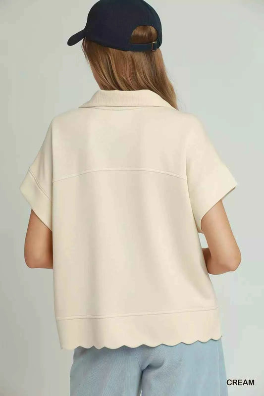 Cream Half Zip Short Sleeve Pullover Top w/ Scalloped Edge Hem by Umgee