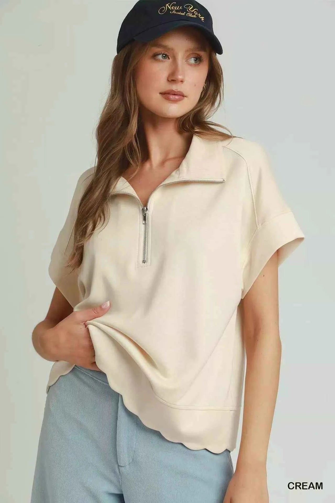 Cream Half Zip Short Sleeve Pullover Top w/ Scalloped Edge Hem by Umgee