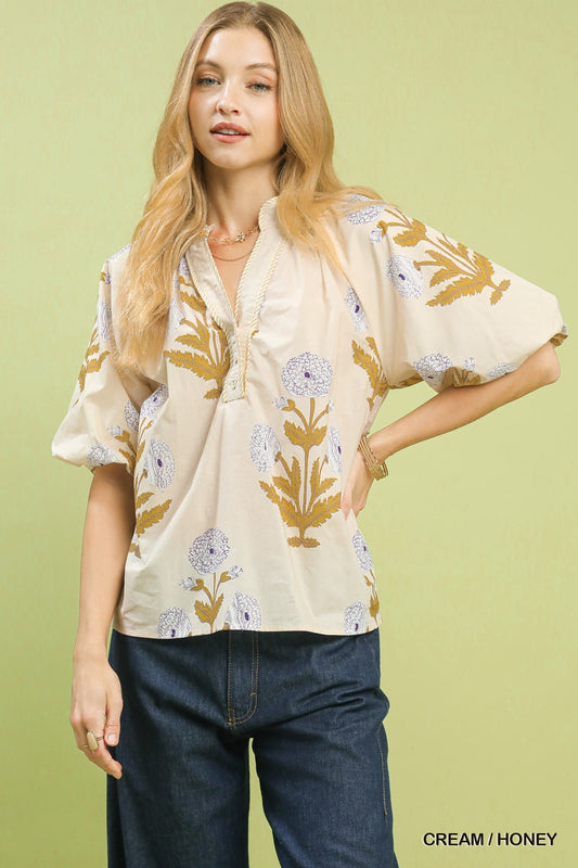 Cream/Honey Floral Print V-Neck Top by Umgee Front View