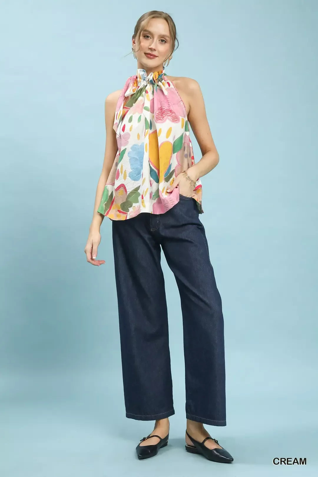Cream Multi-Color Floral Halter Neck Boho Top by Umgee Full view
