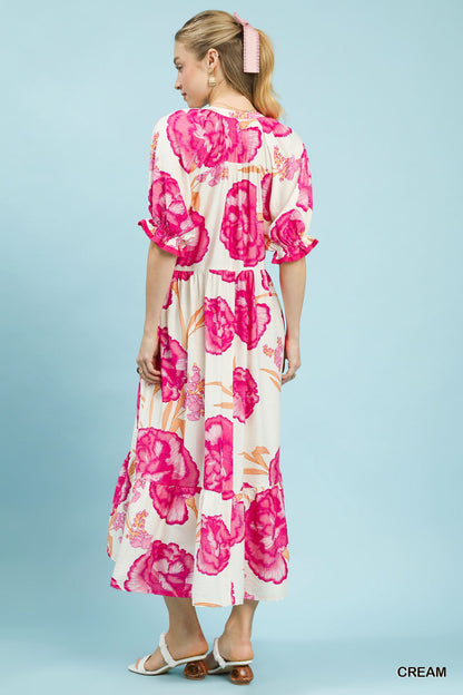 Cream & Pink Floral Print Midi Dress with Contrast Trim by Umgee Back View