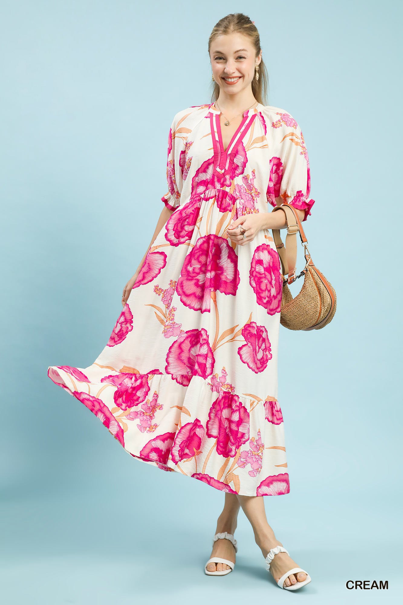 Cream & Pink Floral Print Midi Dress with Contrast Trim by Umgee Front view