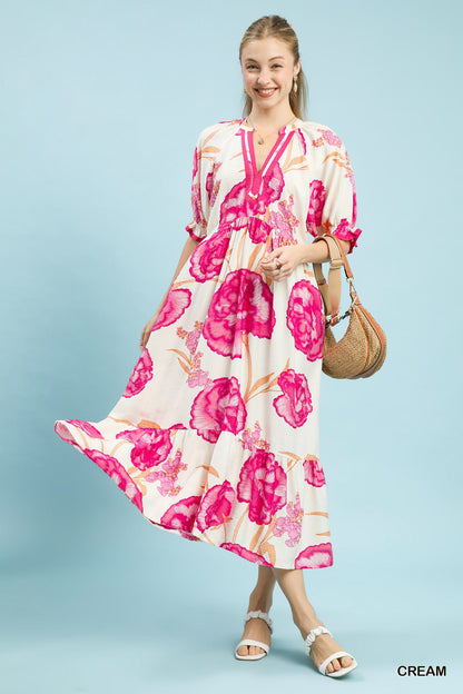 Cream & Pink Floral Print Midi Dress with Contrast Trim by Umgee Front view