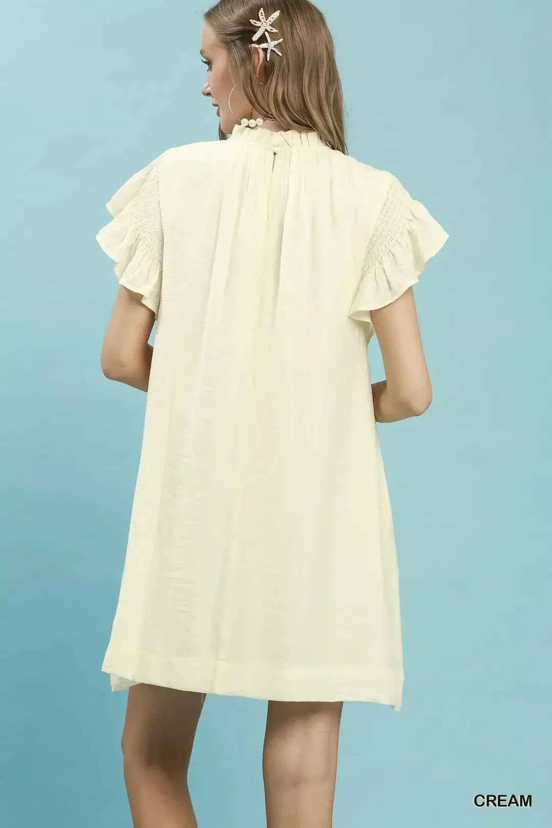 Cream Ruffle Flutter Sleeve A-Line Dress with Pockets by Umgee