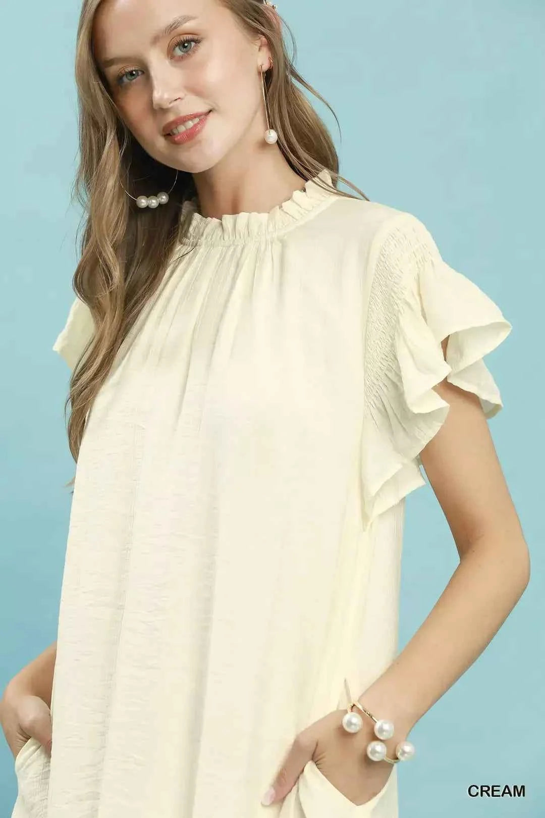 Cream Ruffle Flutter Sleeve A-Line Dress with Pockets by Umgee