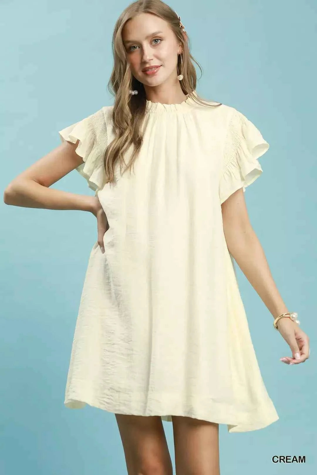 Cream Ruffle Flutter Sleeve A-Line Dress with Pockets by Umgee