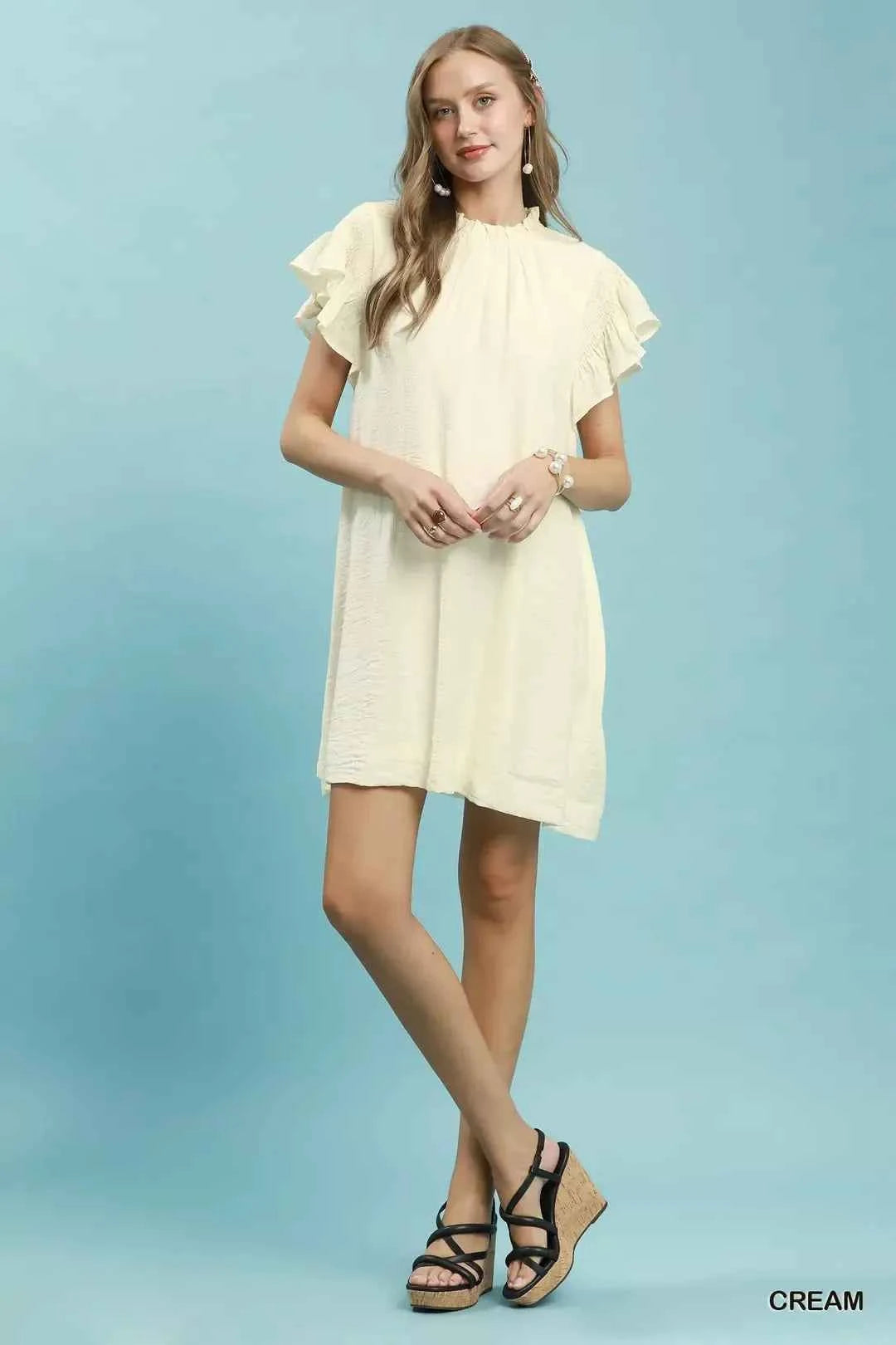 Cream Ruffle Flutter Sleeve A-Line Dress with Pockets by Umgee