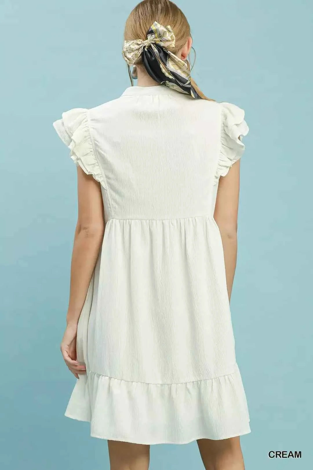 Cream Ruffle Sleeve Textured Babydoll Mini Dress by Umgee