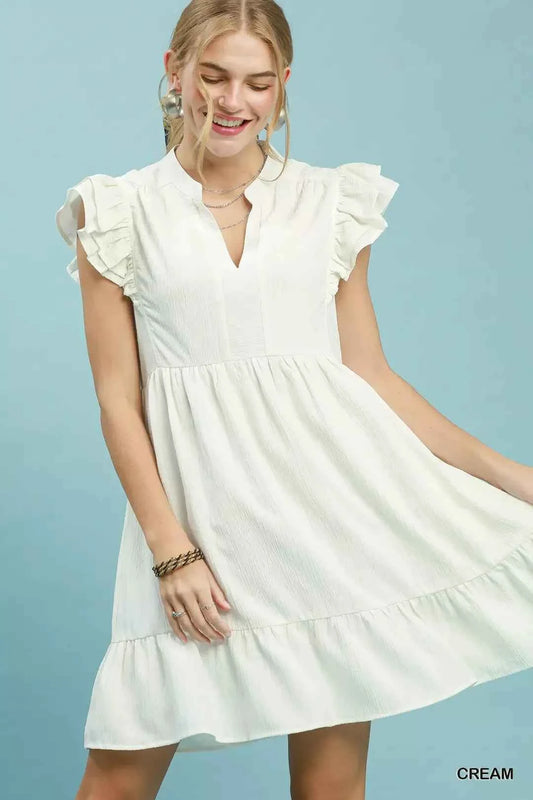 Cream Ruffle Sleeve Textured Babydoll Mini Dress by Umgee