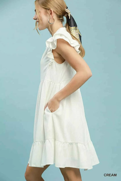 Cream Ruffle Sleeve Textured Babydoll Mini Dress by Umgee