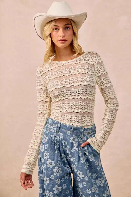 Cream Ruffles Detail Flower Lace Top by BiBi Front View