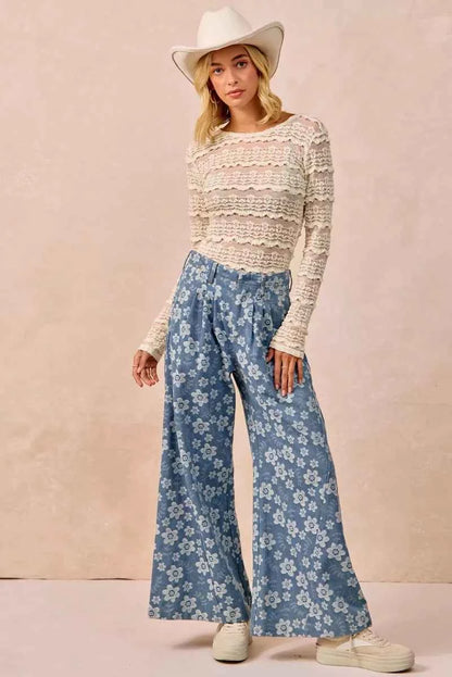 Cream Ruffles Detail Flower Lace Top by BiBi Full View