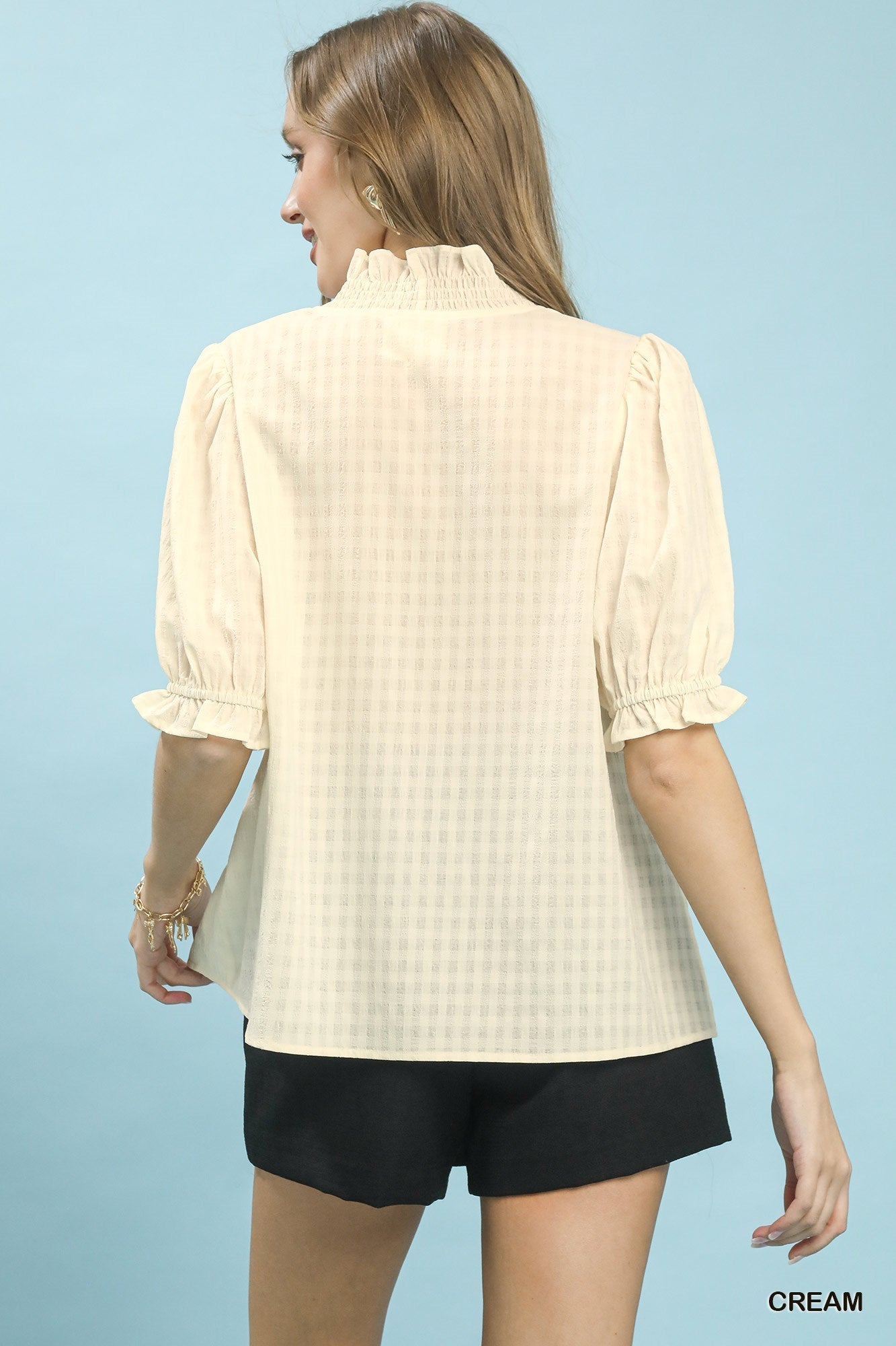 Cream Textured Check Ruffle V-Neck Blouse by Umgee Back View