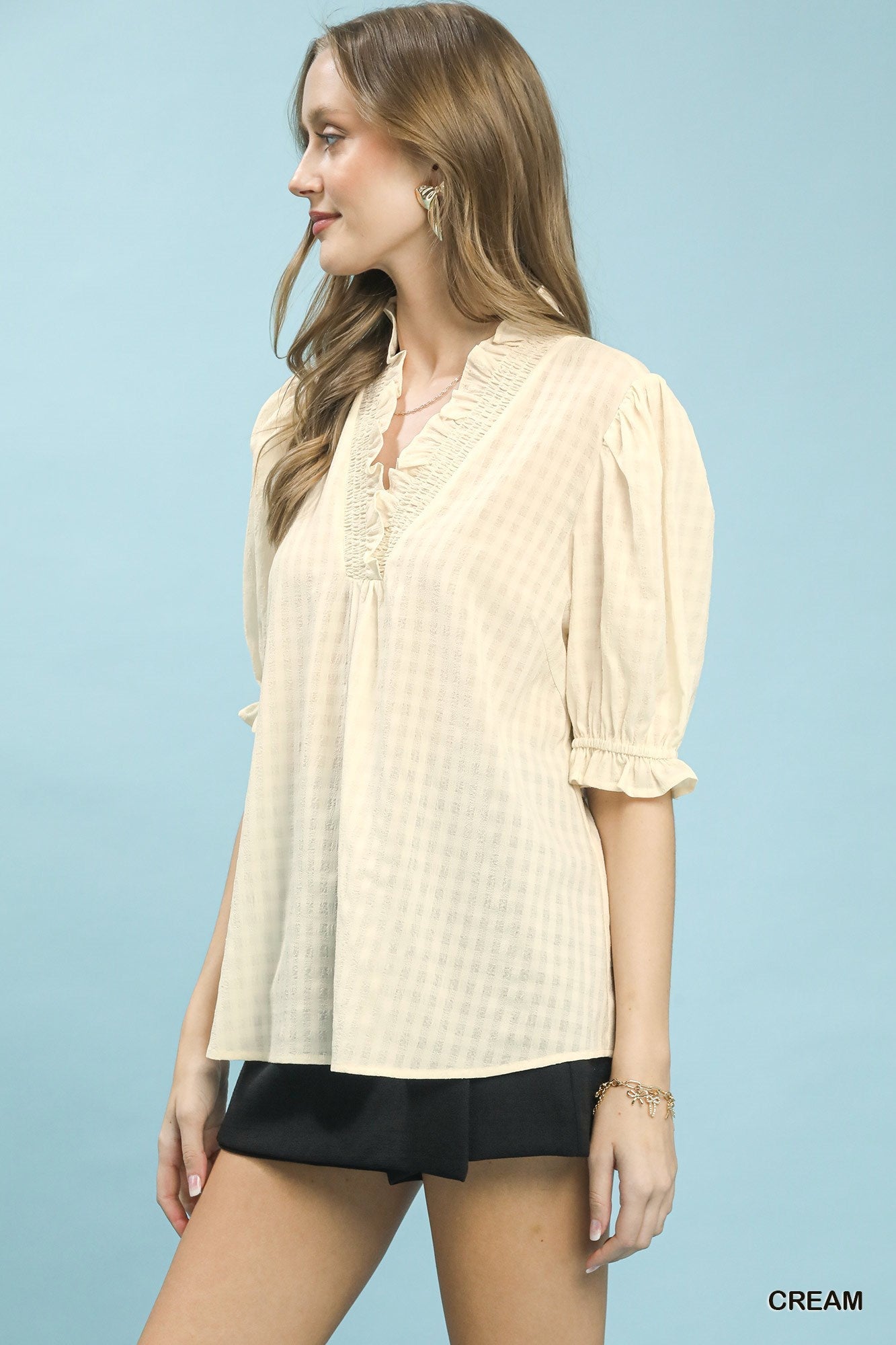 Cream Textured Check Ruffle V-Neck Blouse by Umgee Side View
