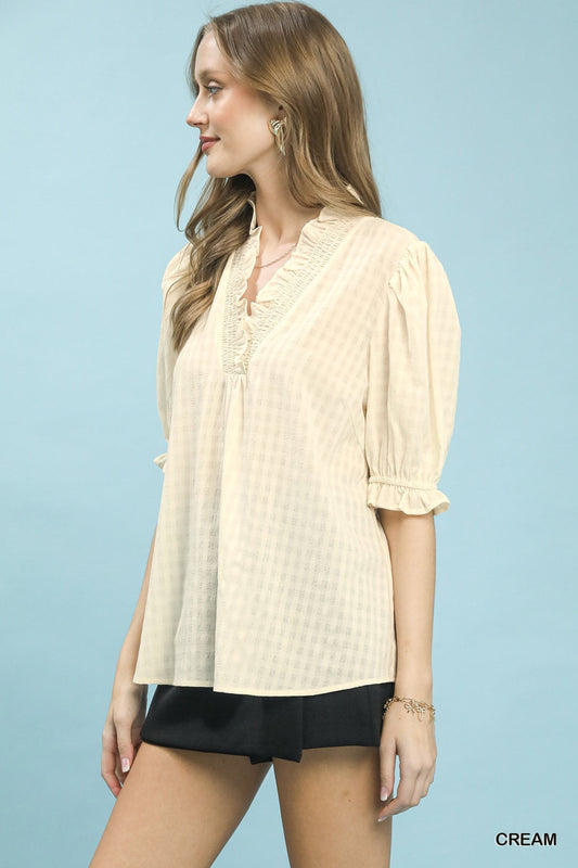 Cream Textured Check Ruffle V-Neck Blouse by Umgee Side View