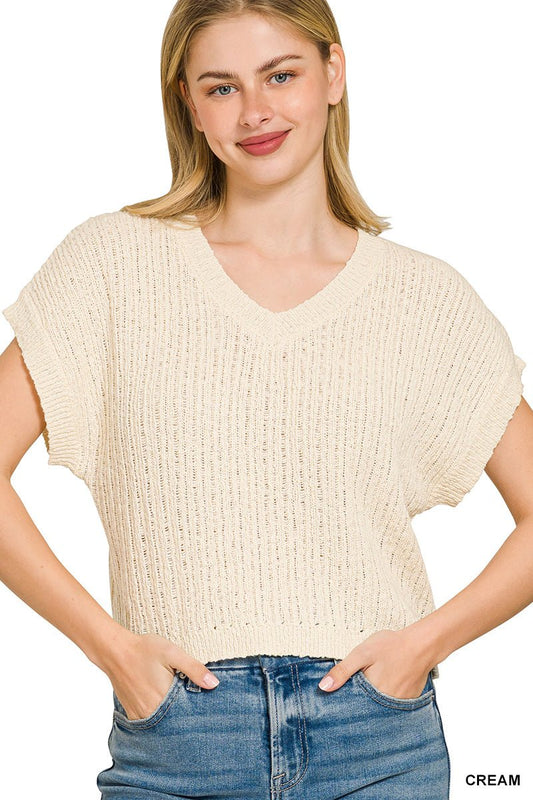 Cream Textured Knit V-Neck Cropped Sweater by Zenana Front View