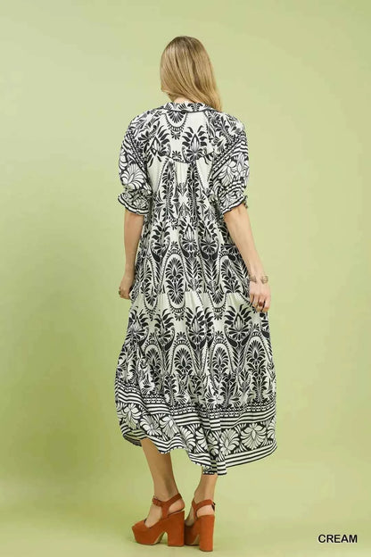 Cream Two Tone Border Print Midi Dress with Pockets by Umgee Back View