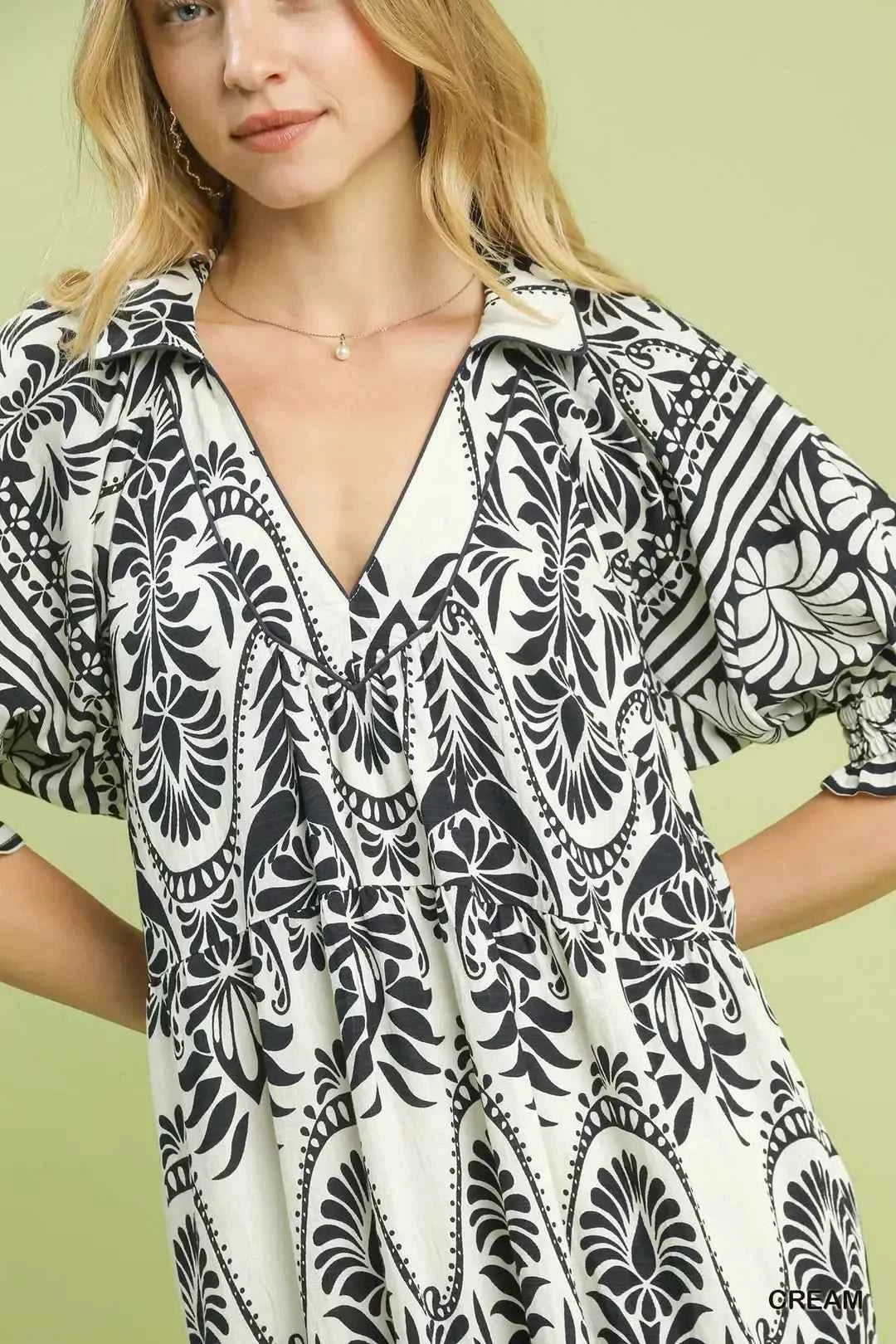 Cream Two Tone Border Print Midi Dress with Pockets by Umgee Close View