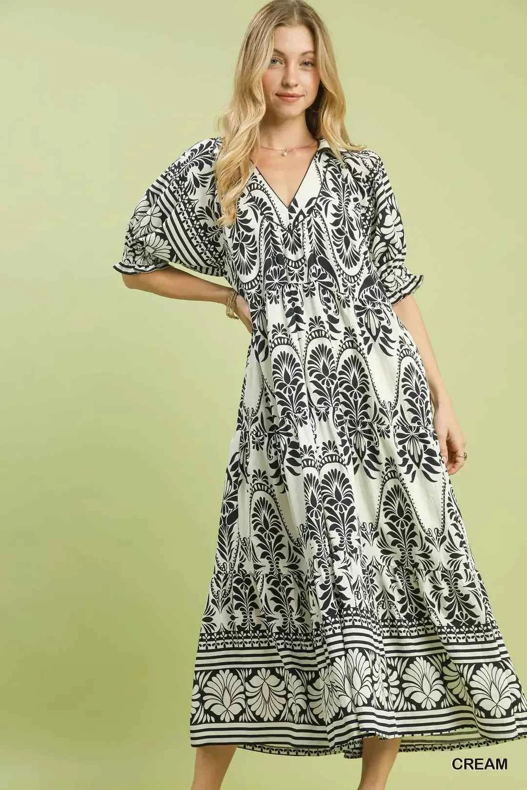 Cream Two Tone Border Print Midi Dress with Pockets by Umgee Front View
