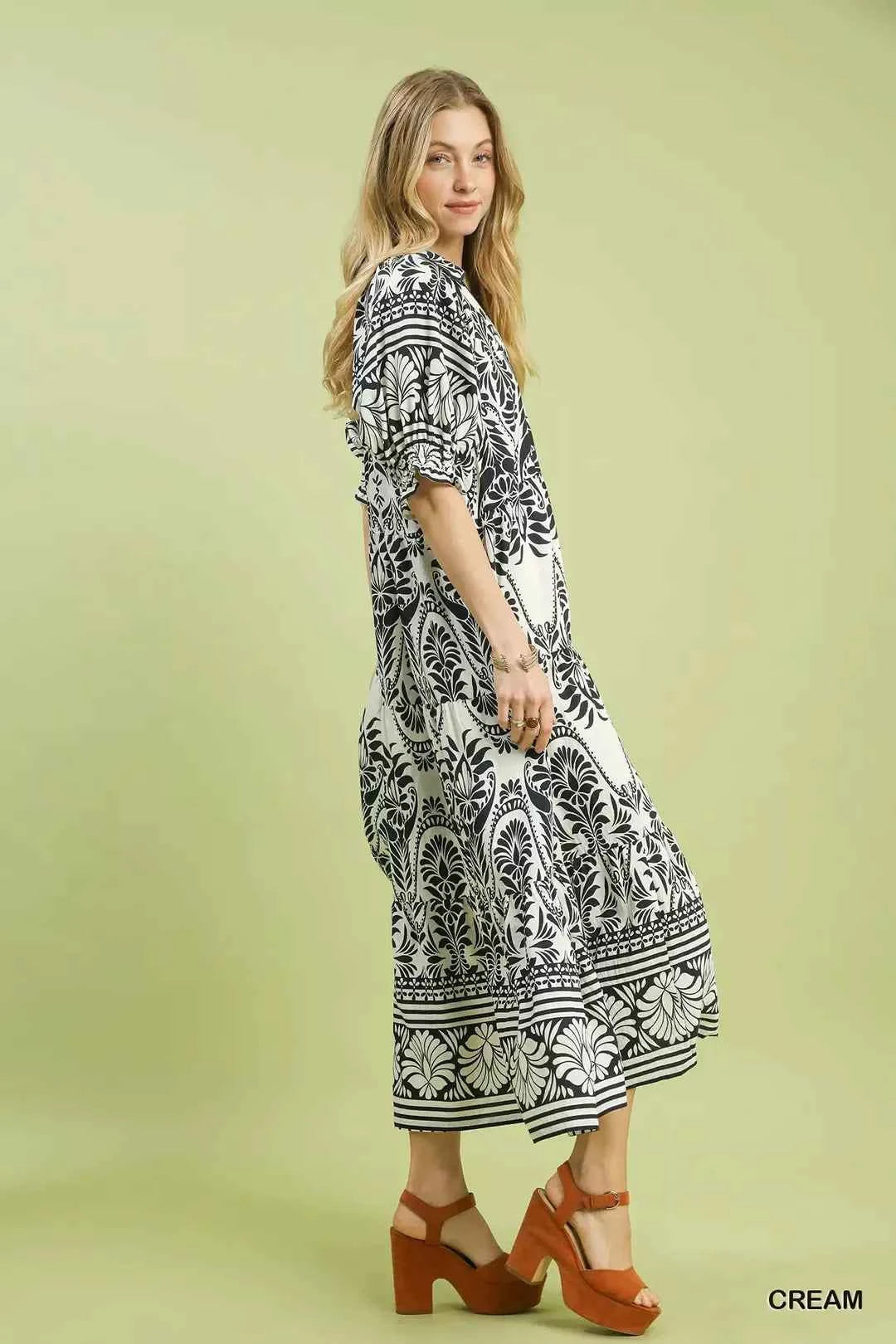 Cream Two Tone Border Print Midi Dress with Pockets by Umgee Side View