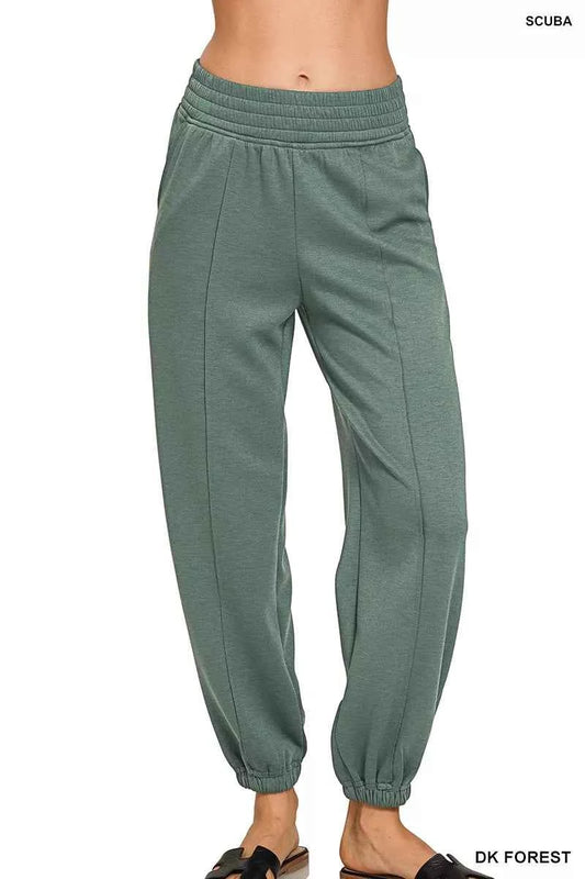 Dark Forest Green Scuba Elastic Waist Joggers with Pockets by Zenana Front View