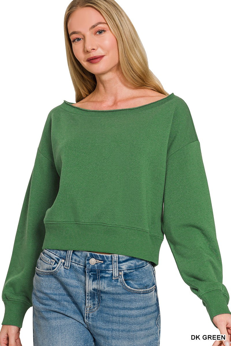 Dark Green Long Sleeve Fleece Boat-Neck Sweatshirt by Zenana 
Front View