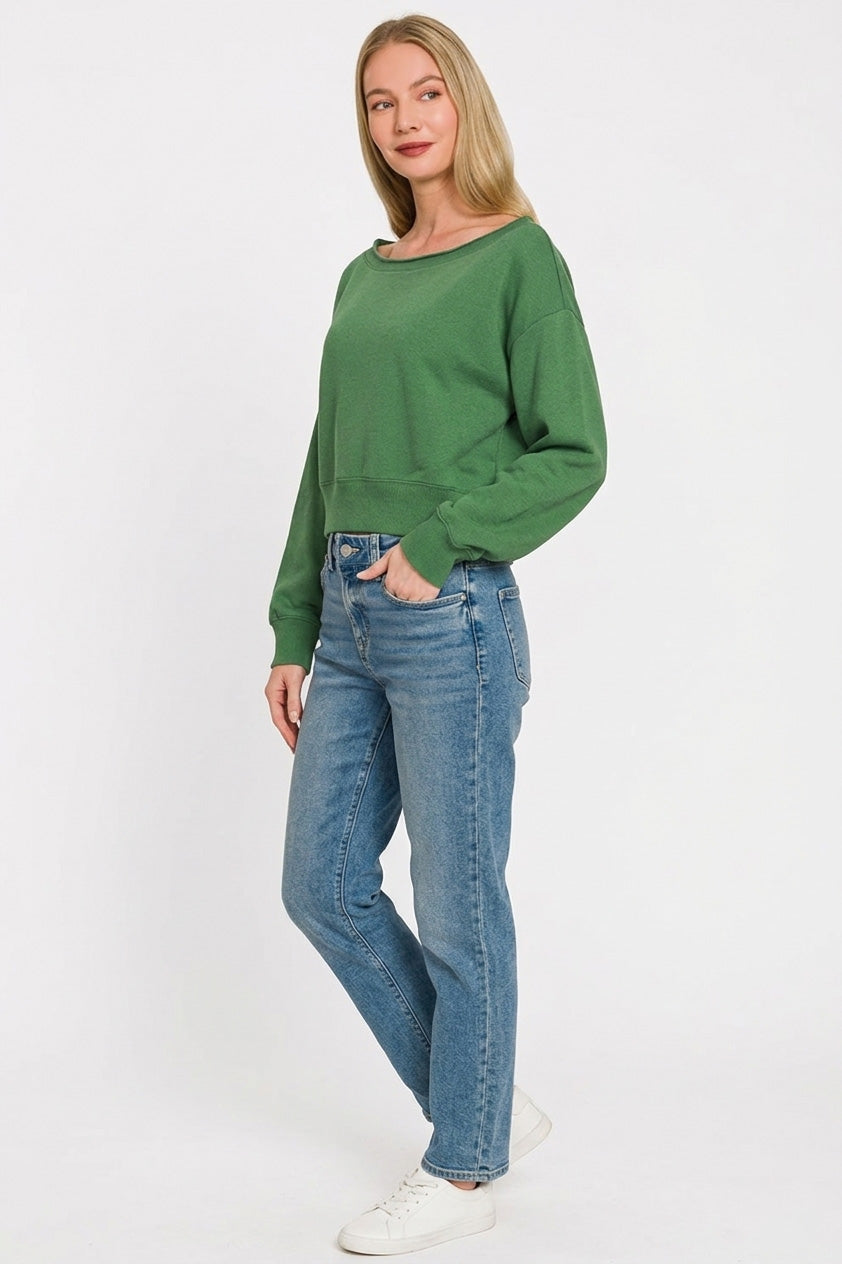 Dark Green Long Sleeve Fleece Boat-Neck Sweatshirt by Zenana Side View