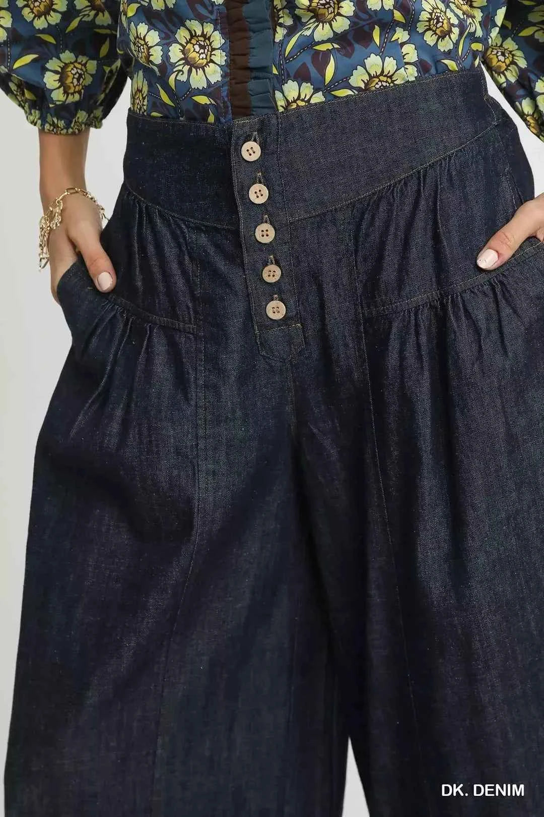 Dark Stone Washed Wide-Leg Button-Front Culottes by Umgee