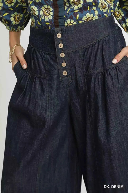 Dark Stone Washed Wide-Leg Button-Front Culottes by Umgee