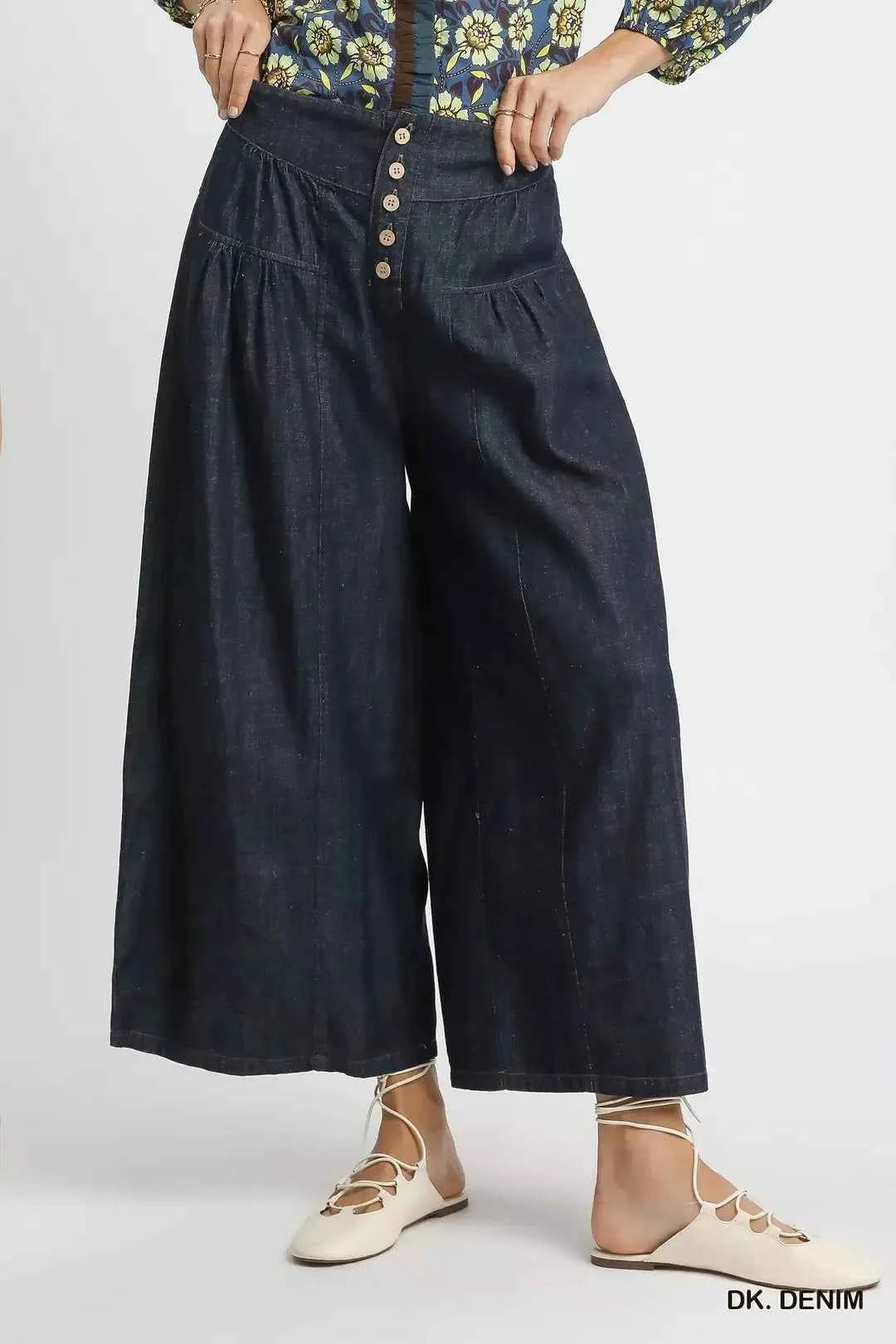 Dark Stone Washed Wide-Leg Button-Front Culottes by Umgee