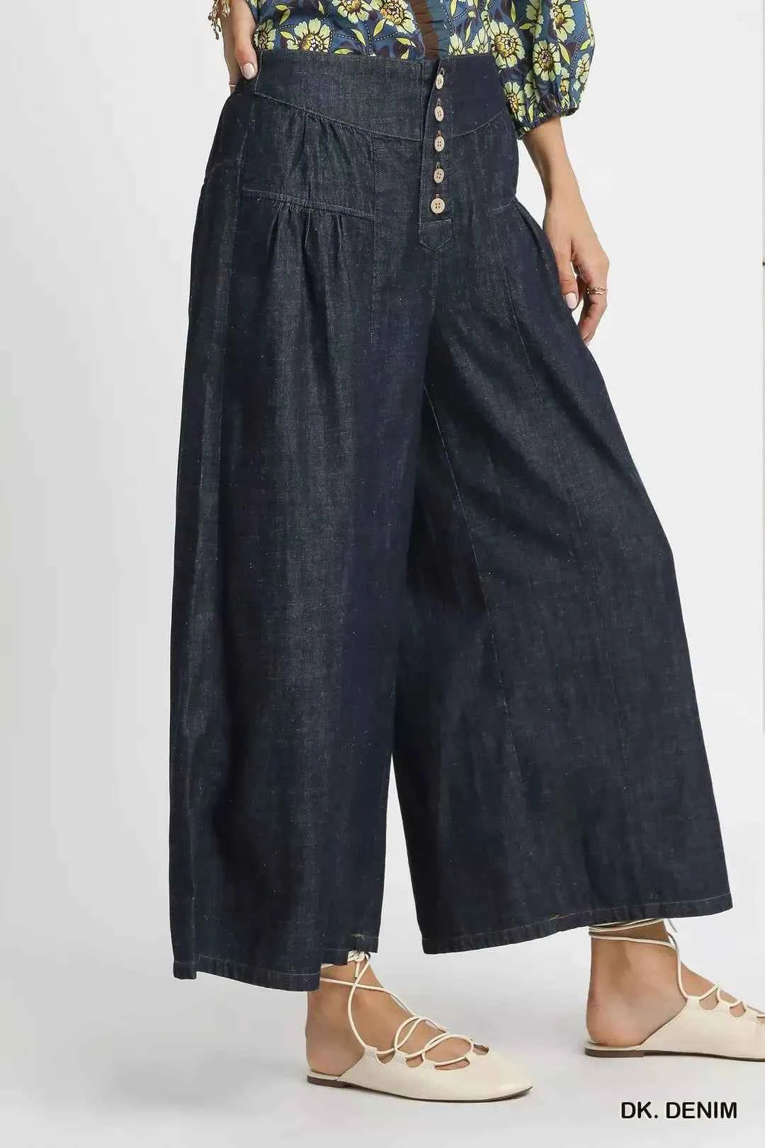 Dark Stone Washed Wide-Leg Button-Front Culottes by Umgee