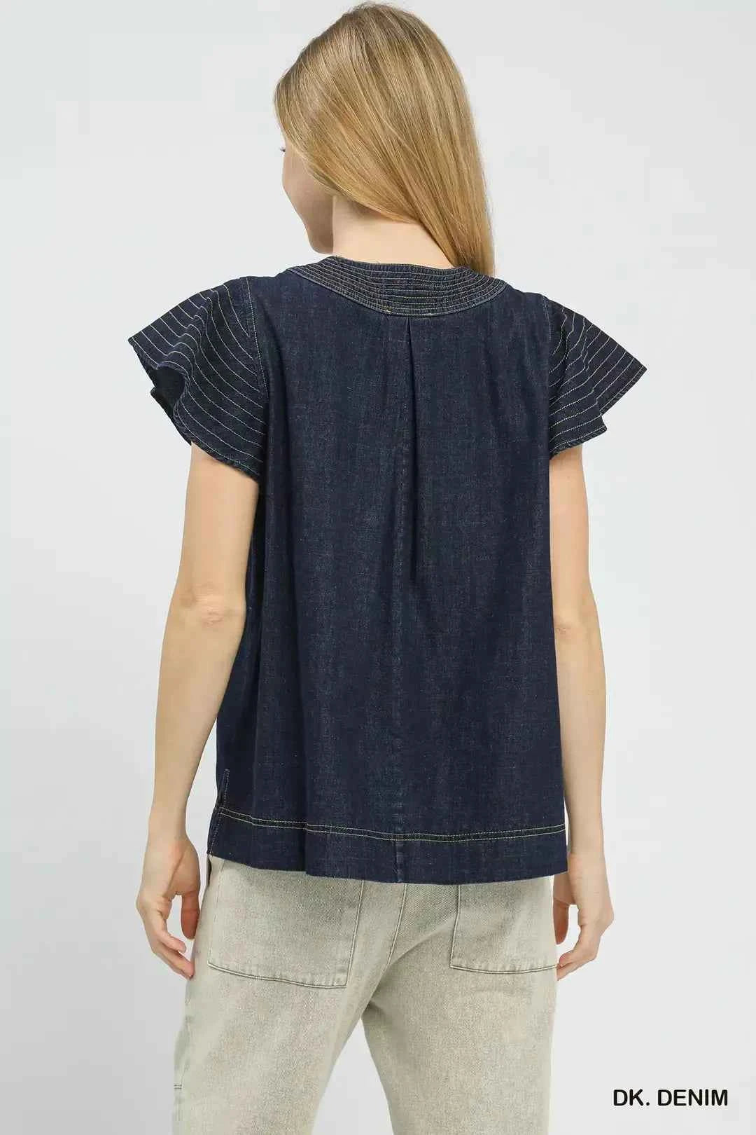 Dark Wash Denim Cap Sleeve Top w/ Split V-Neck & Side Slits by Umgee Back View