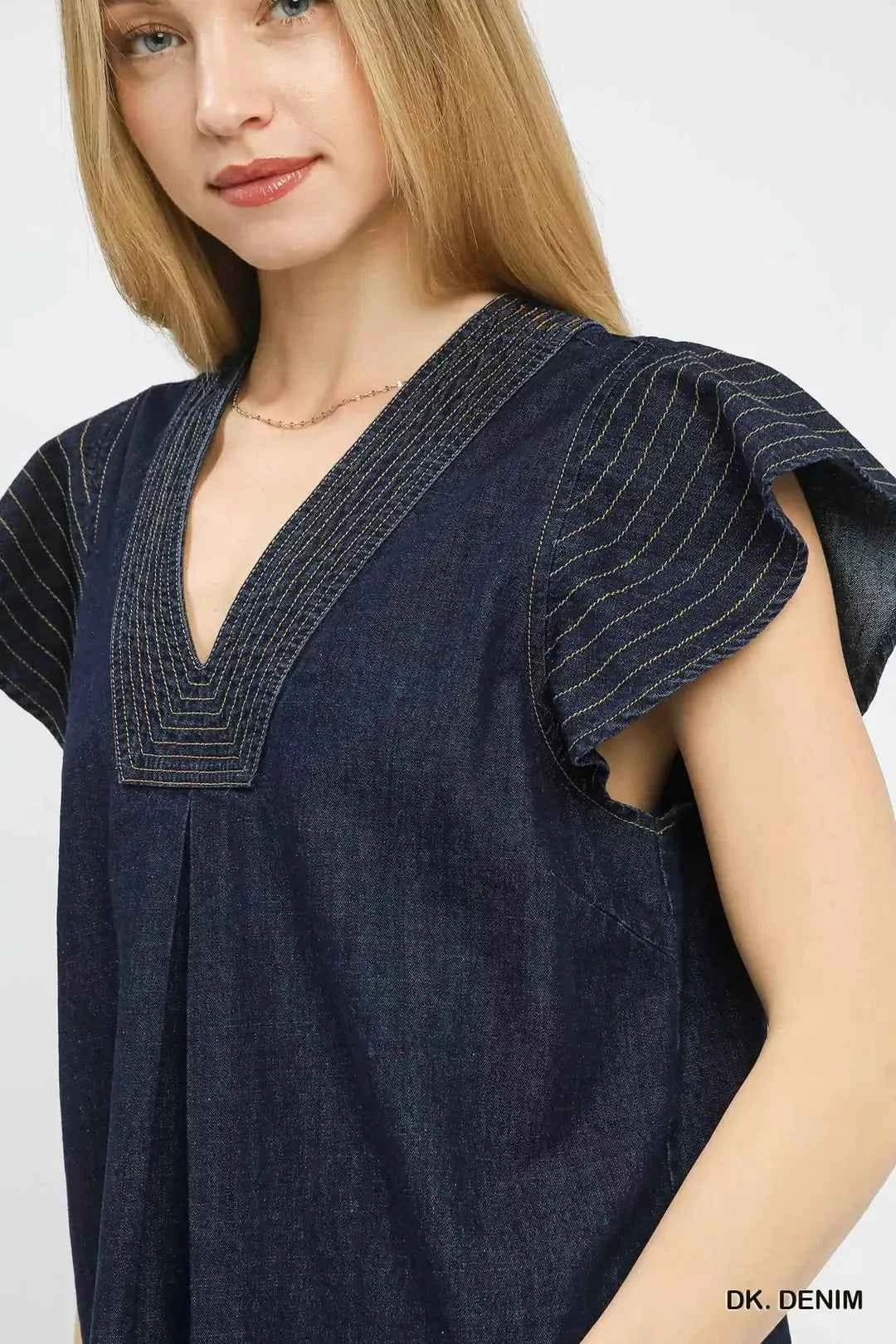 Dark Wash Denim Cap Sleeve Top w/ Split V-Neck & Side Slits by Umgee Close View