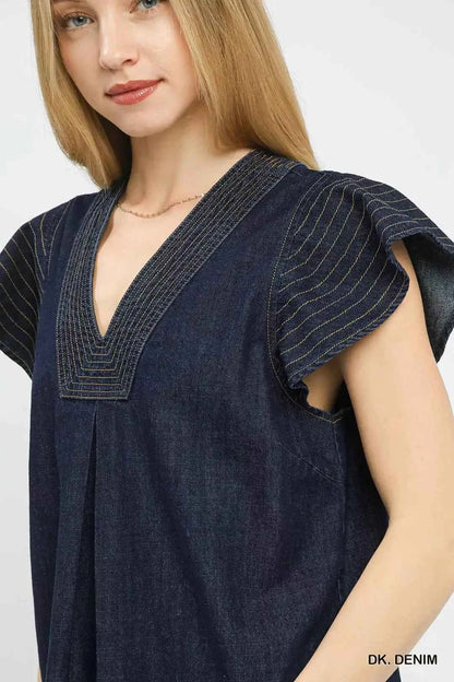 Dark Wash Denim Cap Sleeve Top w/ Split V-Neck & Side Slits by Umgee Close View