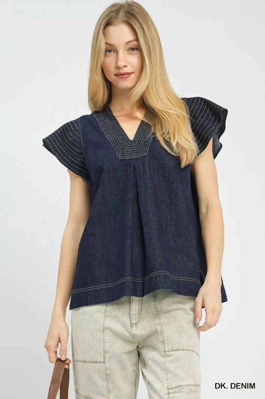 Dark Wash Denim Cap Sleeve Top w/ Split V-Neck & Side Slits by Umgee Front View