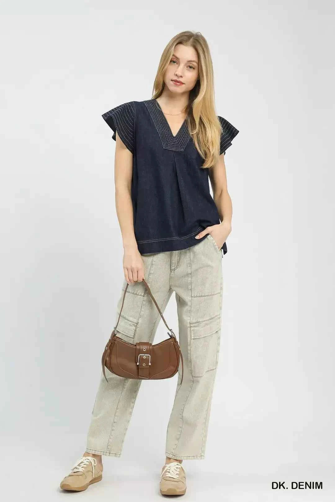 Dark Wash Denim Cap Sleeve Top w/ Split V-Neck & Side Slits by Umgee full View