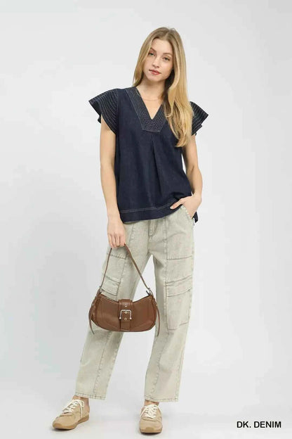 Dark Wash Denim Cap Sleeve Top w/ Split V-Neck & Side Slits by Umgee full View