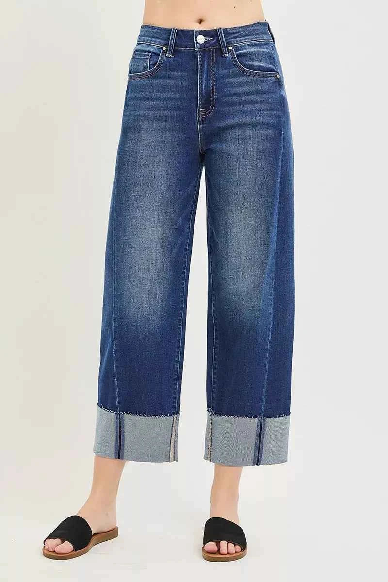 Dark Wash Full Size Slouchy Crop Barrel Cuffed Jeans Plus Size | Risen