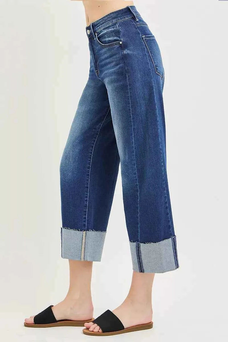 Dark Wash Full Size Slouchy Crop Barrel Cuffed Jeans Plus Size | Risen